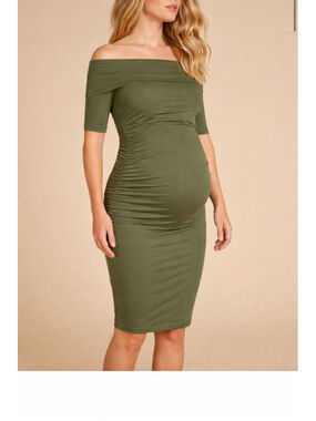Isabella Oliver Size 2 Clifton Khaki Green Off-The-Shoulder Maternity Dress NWT